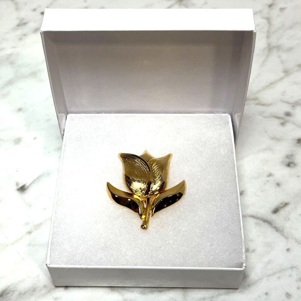 Vintage Tulip Brooch Gold Toned Pin Brushed Texture Petals Polished Stem Leaves